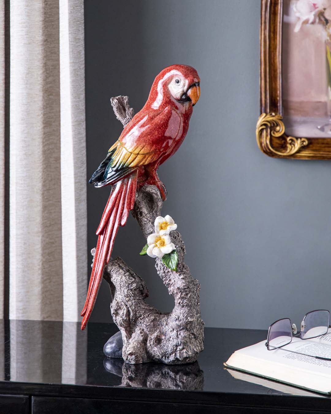 Elegant Parrot Figurine on Branch – Tabletop Accent (Large)