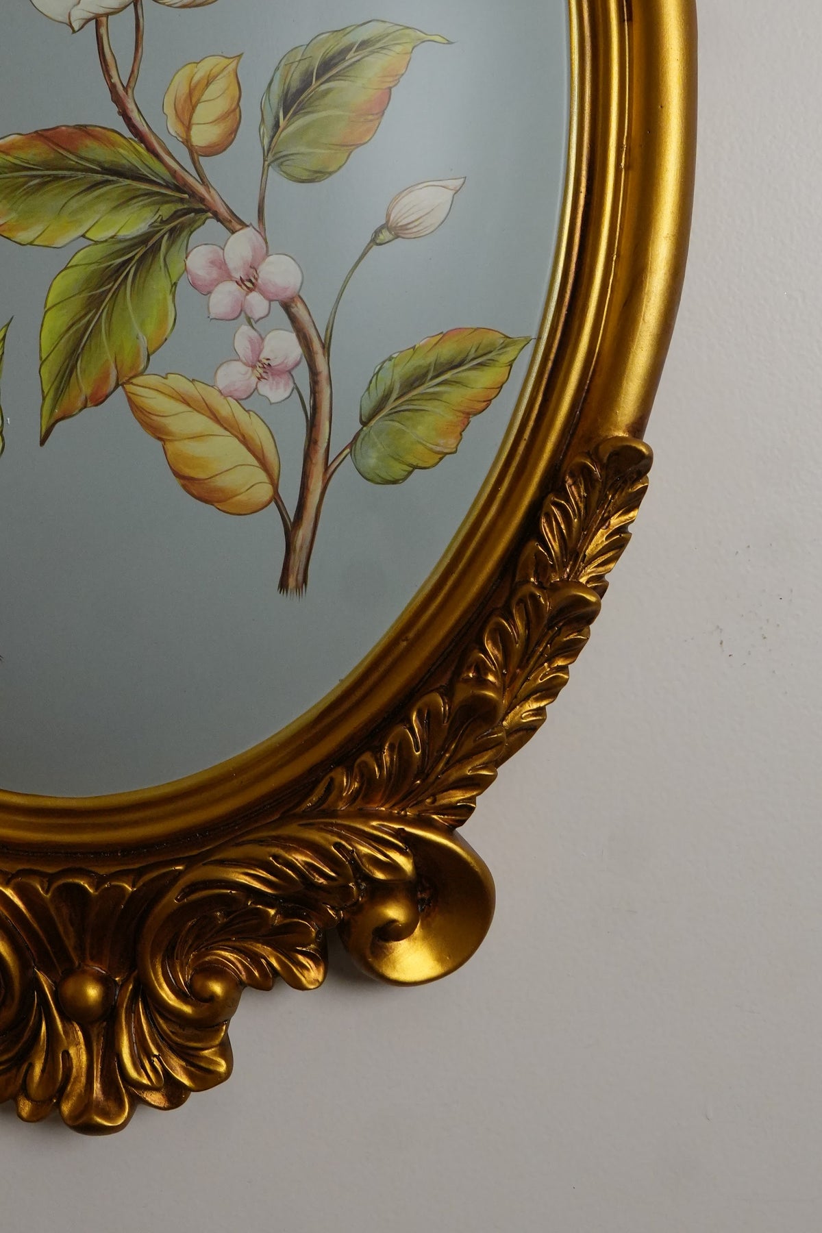 Powder Blue Magnolia Oval Wall Plaque with Gold Baroque Frame
