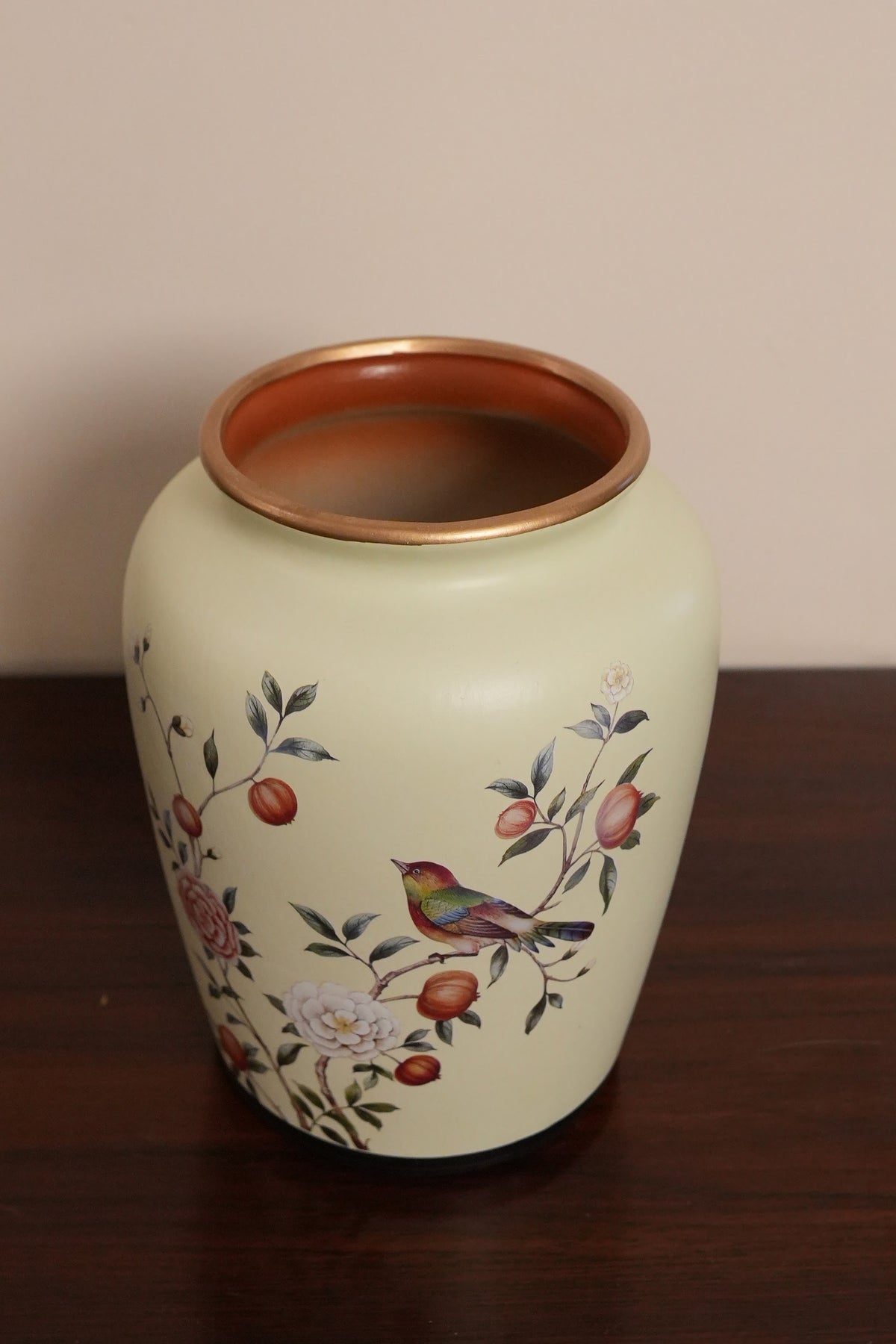 Cream Pomegranate & Bird Wide-Mouth Ceramic Vase