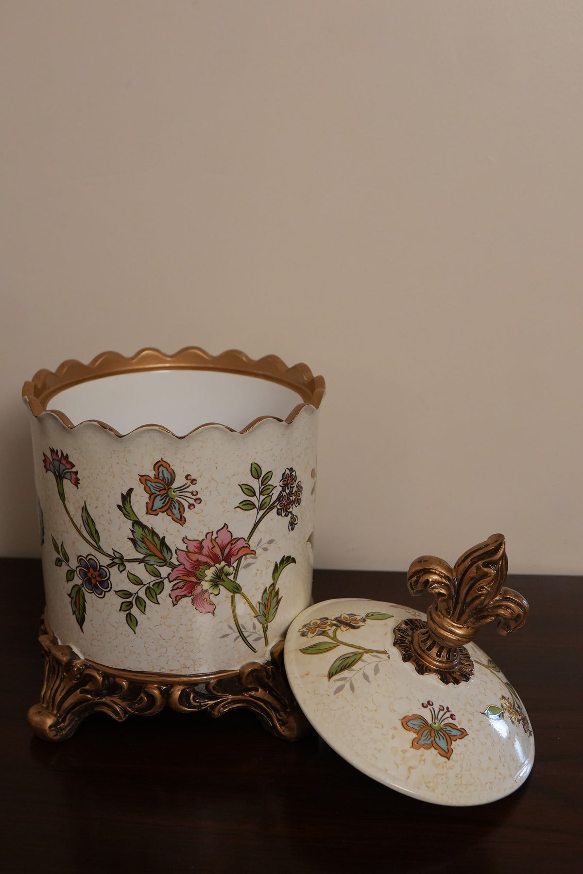 Ivory Floral Ceramic Lidded Canister with Gold Feet