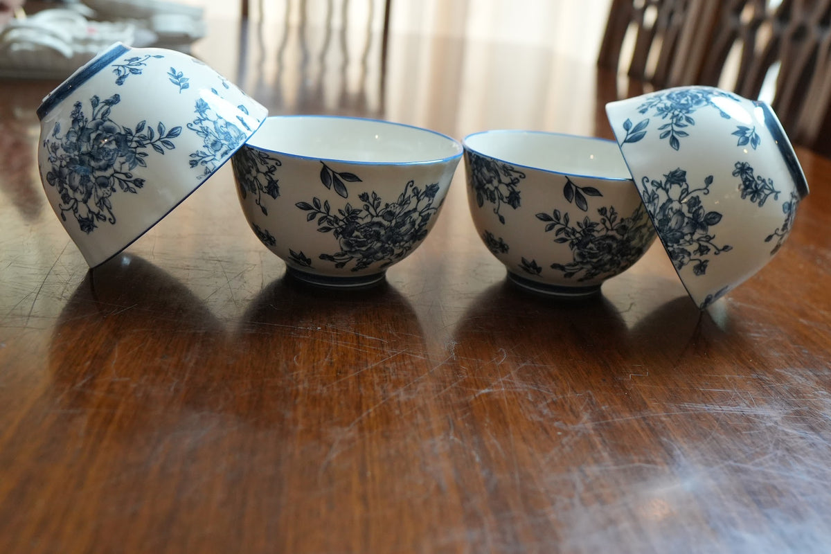 Indigo Rose Ceramic Rice Bowl Set of 4