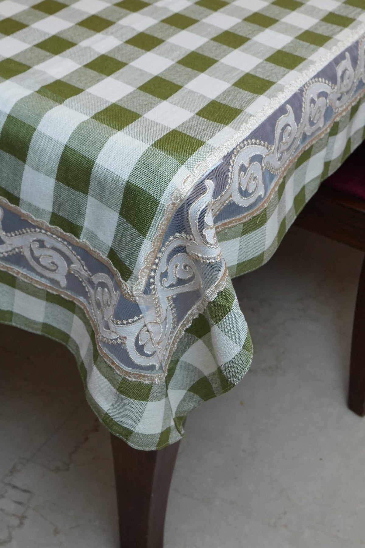 Olive Green Gingham Check Table Sheet with Scroll Lace Panel (6 Seater)