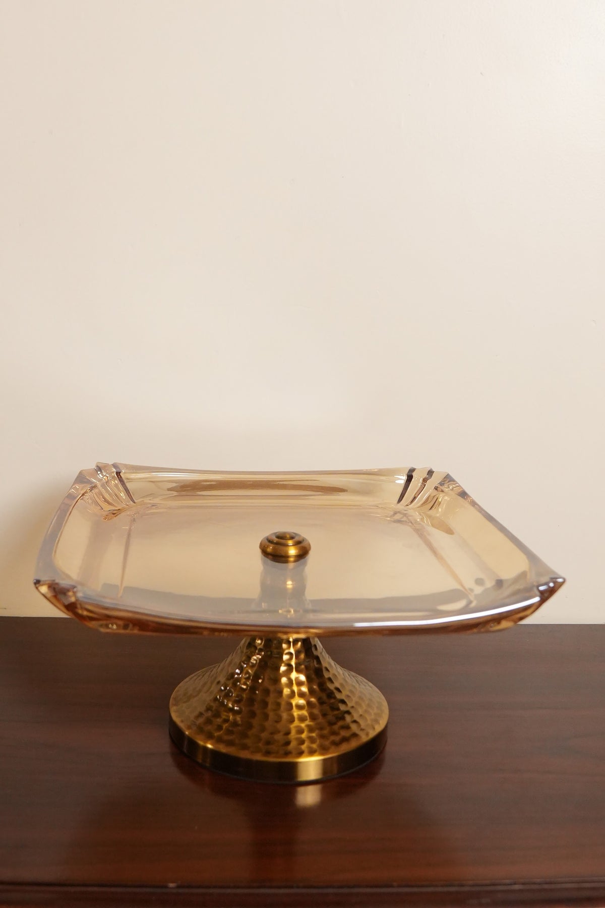 Amber Glass Square Pedestal Platter with Hammered Gold Stand