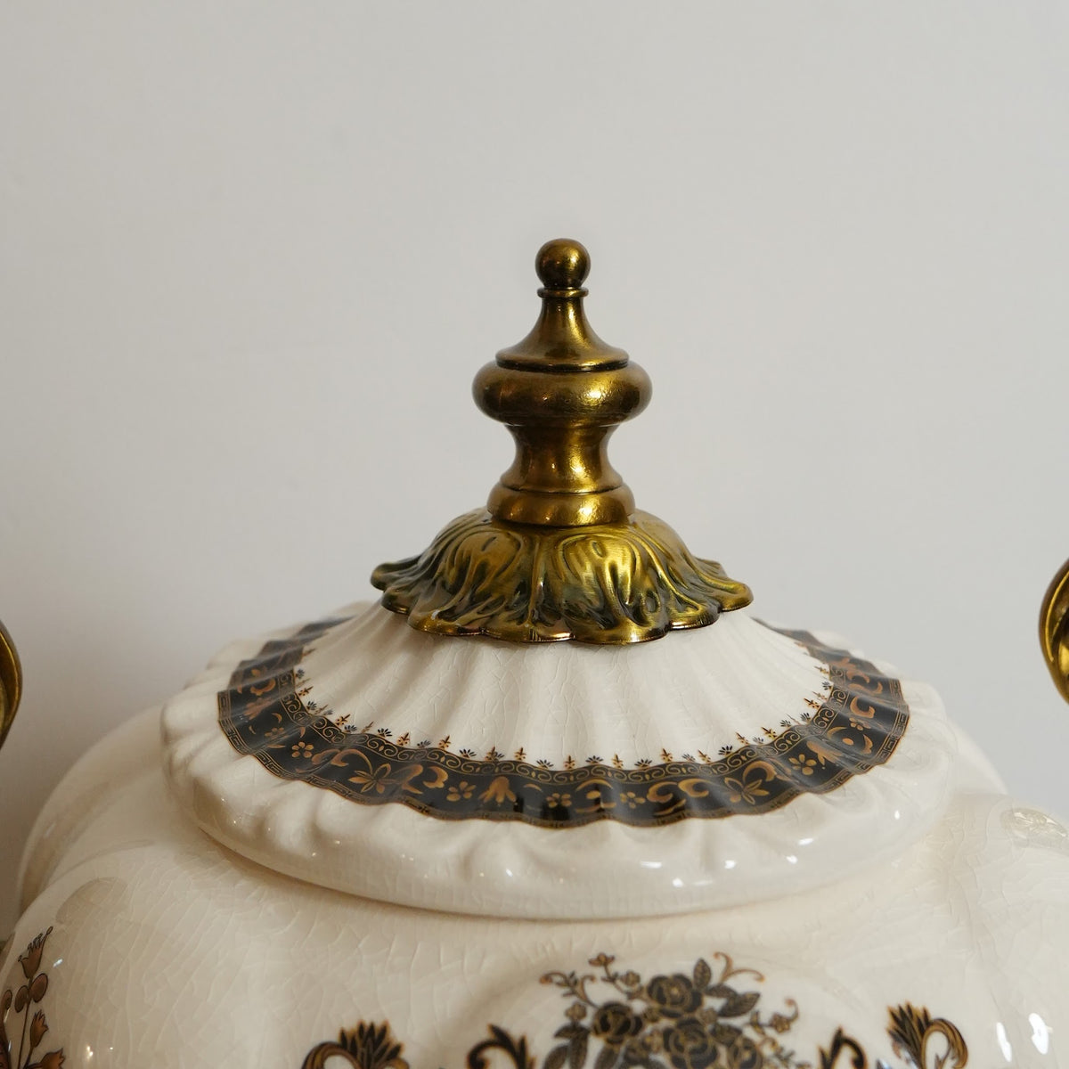 Ivory Baroque Ceramic Lidded Urn with Gold Scroll Handles & Pedestal