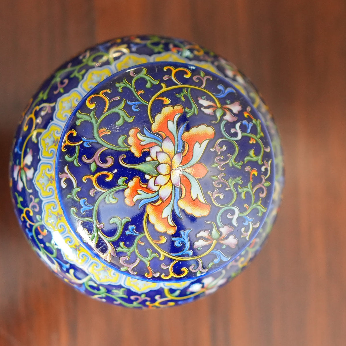 Cobalt Blue Enamel Lotus Ceramic Lidded Jar