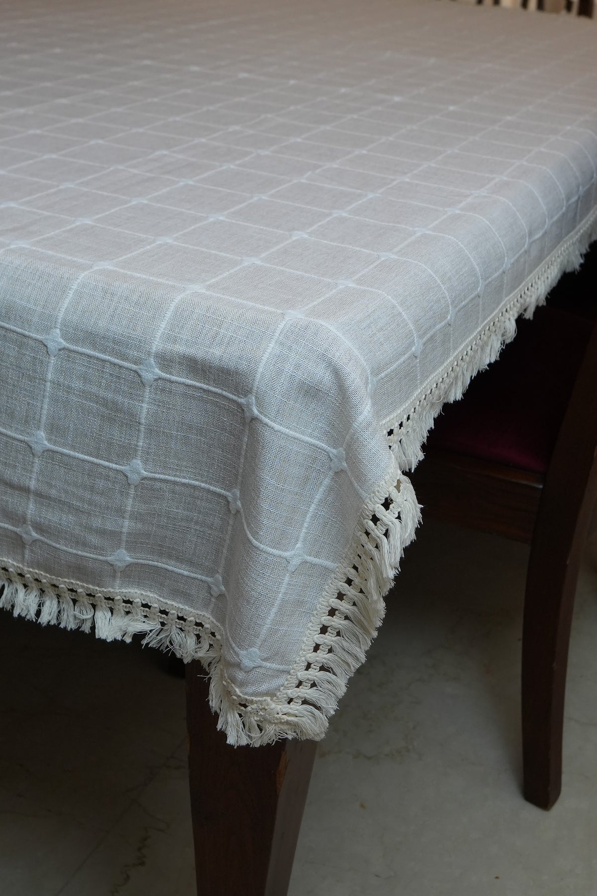 Light Beige Windowpane Check Table Cloth with Tassel Fringe (6 Seater)