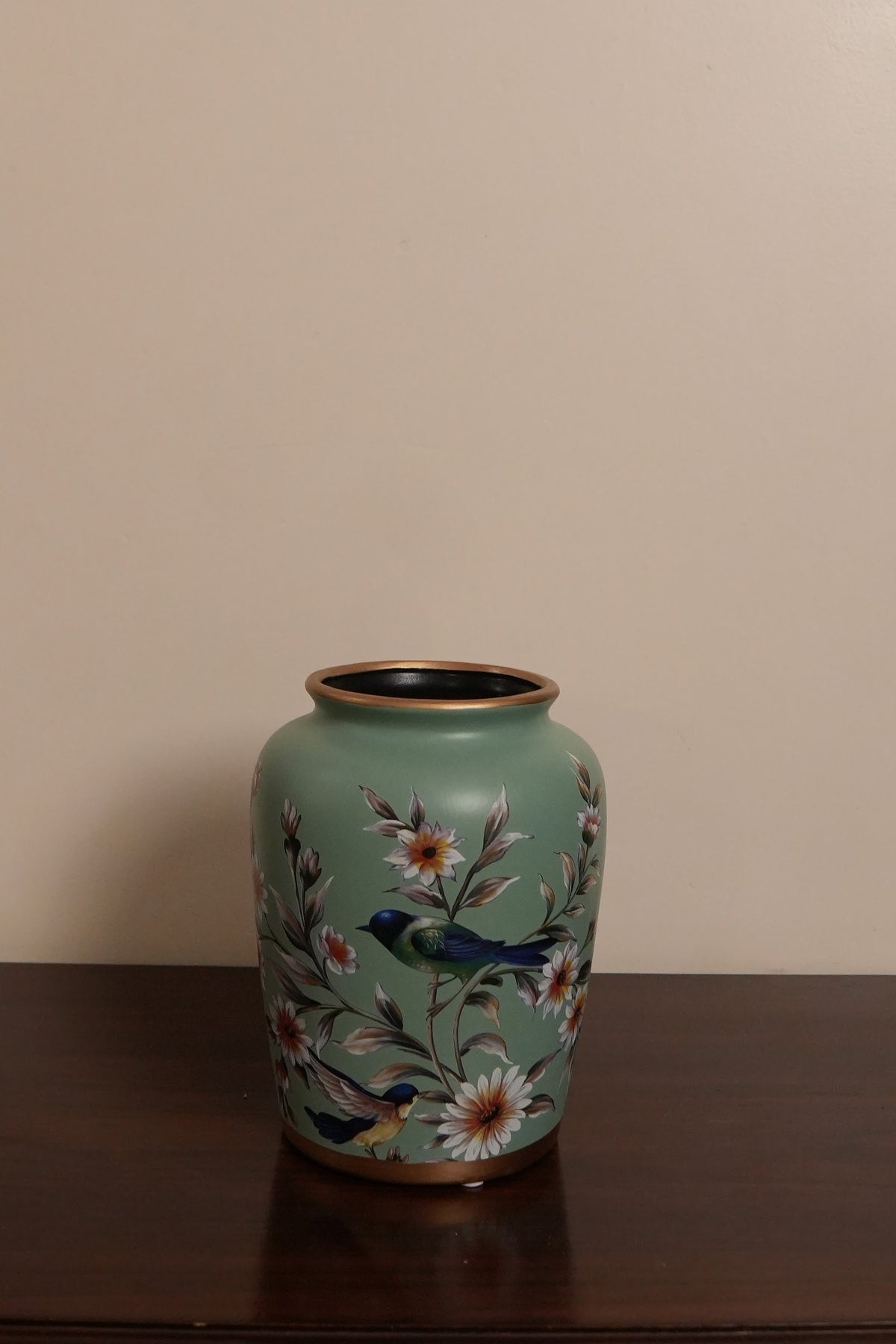 Sage Green Bird & Blossom Wide-Mouth Ceramic Vase