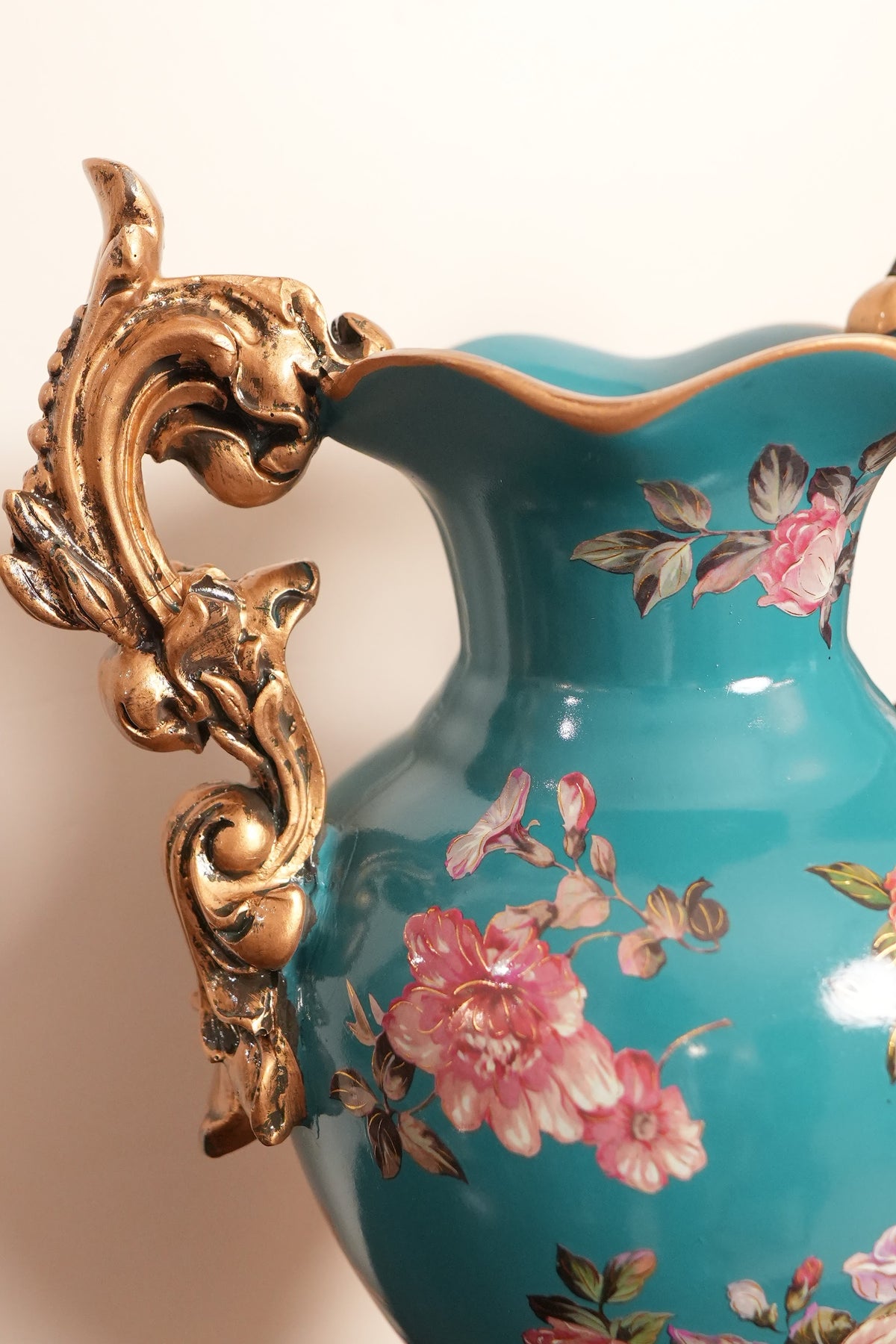 Teal Rose Bouquet Ceramic Vase with Gold Scroll Handles & Pedestal