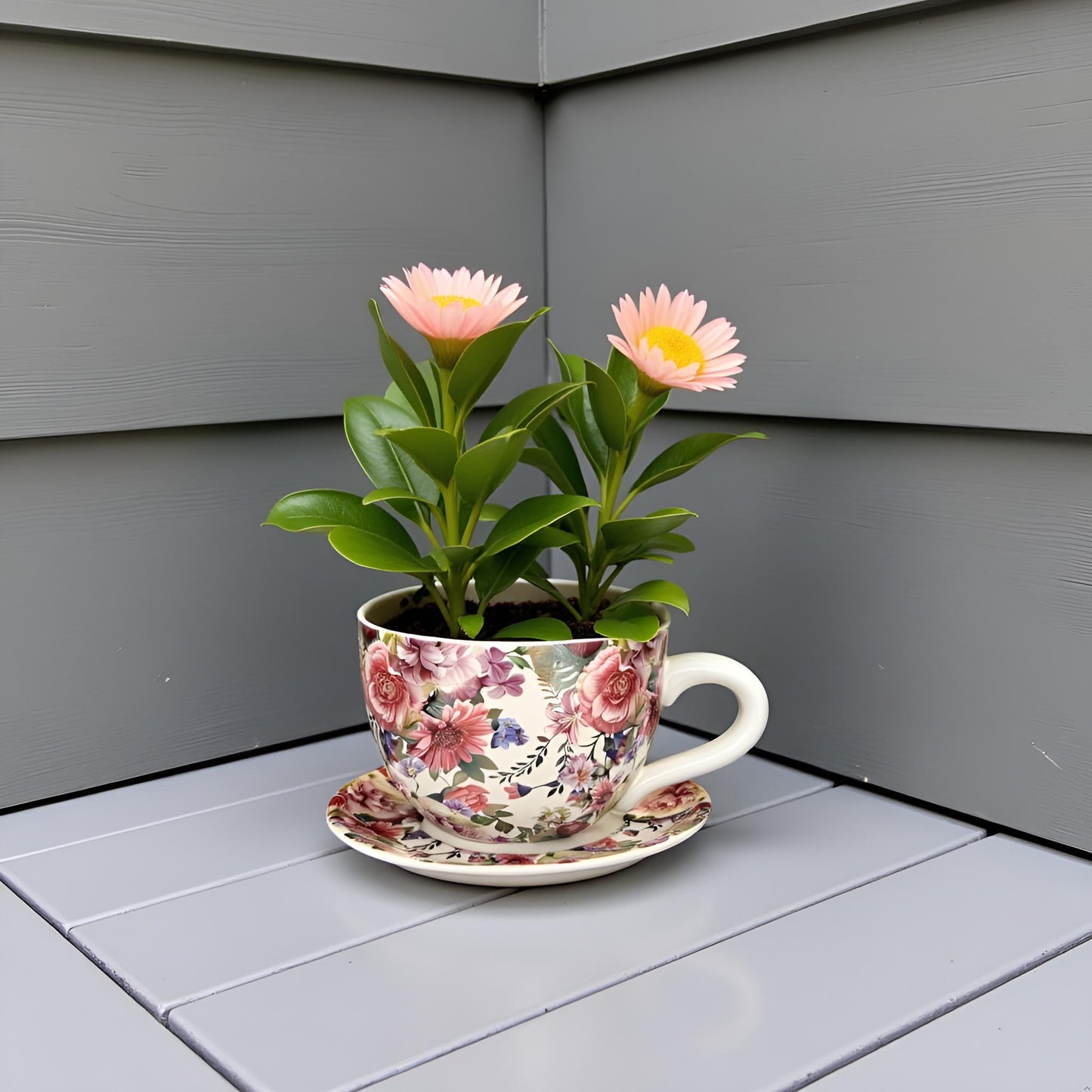 Decorative Oversized Floral Cup and Saucer Style – Ceramic Planter