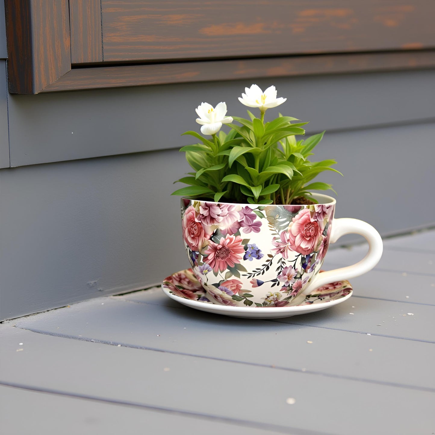 Decorative Oversized Floral Cup and Saucer Style – Ceramic Planter