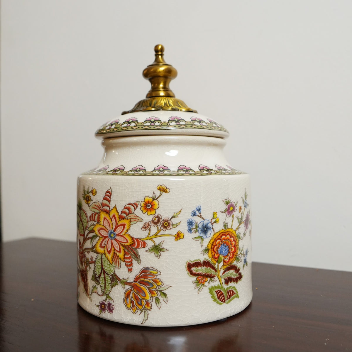 Ivory Jacobean Floral Ceramic Round Jar with Brass Finial Lid