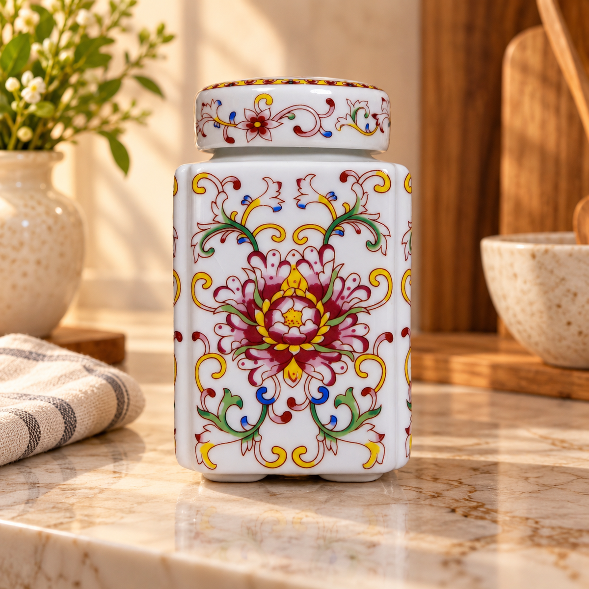 Famille Rose Lotus Ceramic Square Lidded Jar (Set of 2)