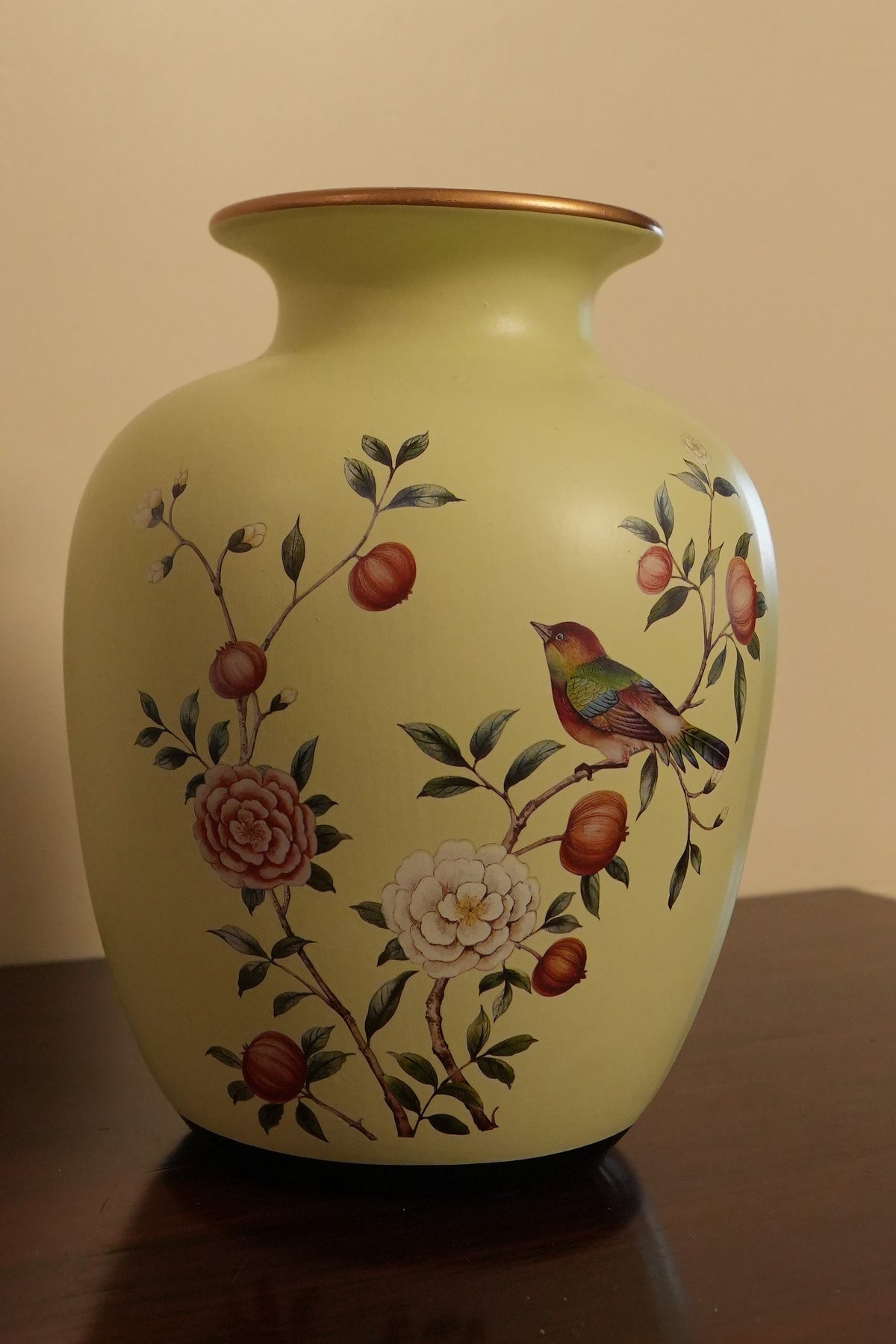 Cream Pomegranate & Bird Flared-Neck Ceramic Vase