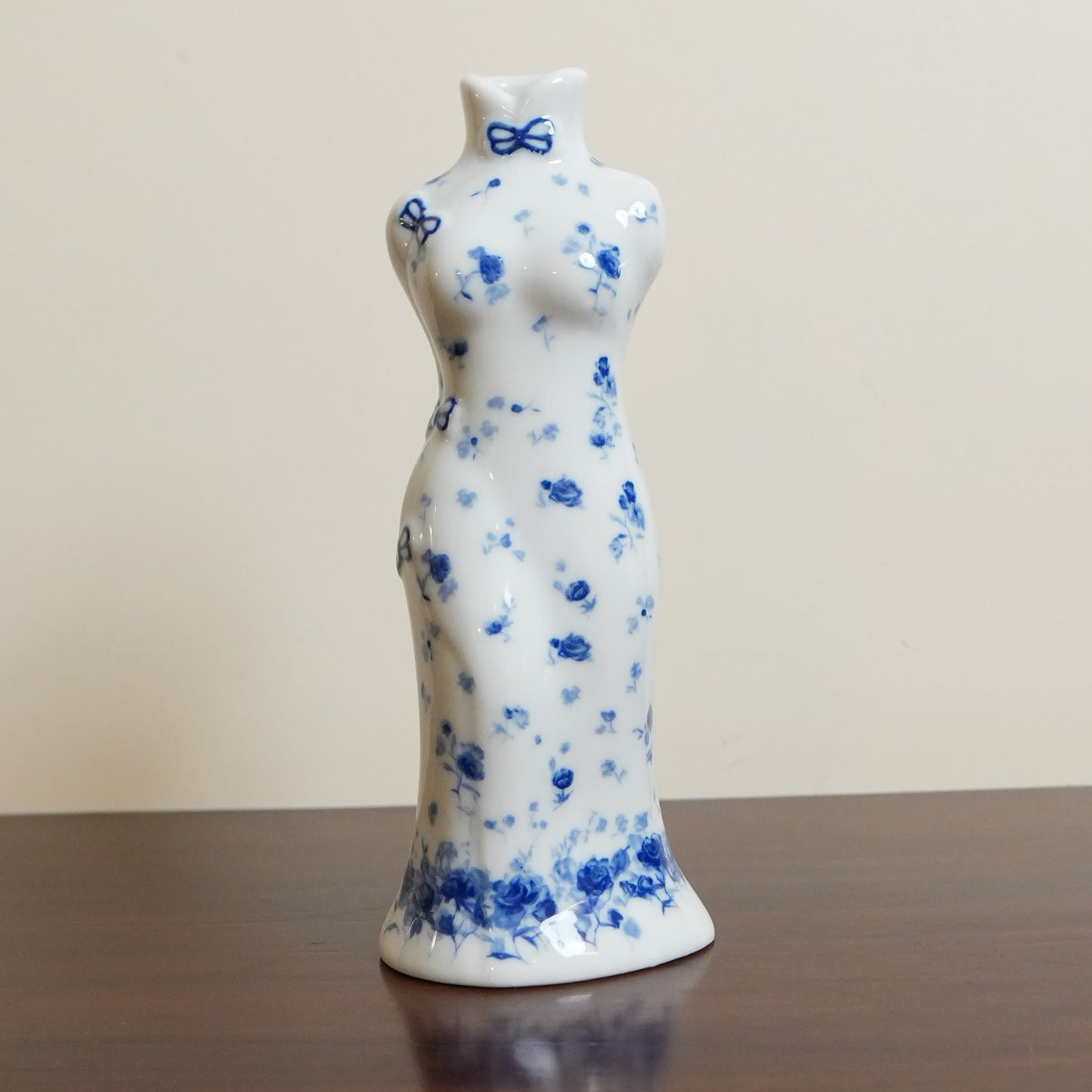 Blue Rose Qipao Lady Ceramic Bud Vase