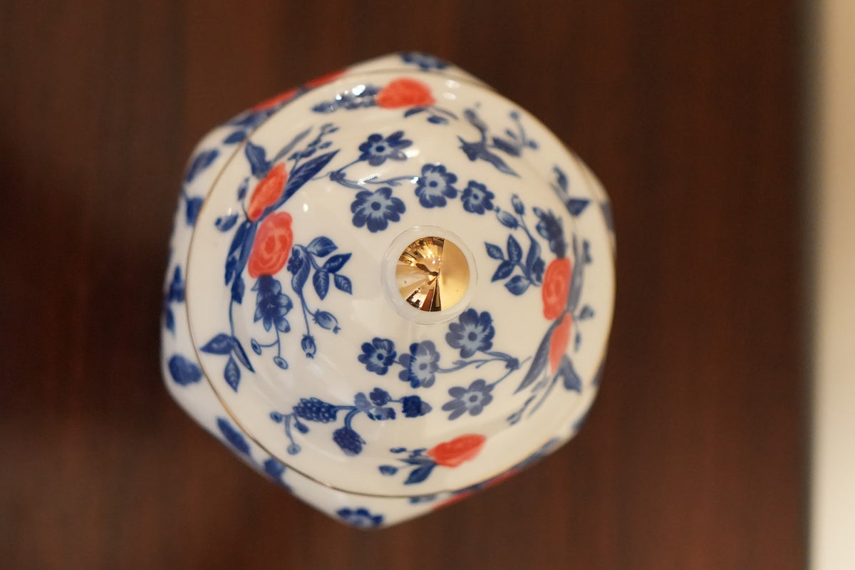 Blue & White Ceramic Ginger Jar with Red Blossoms