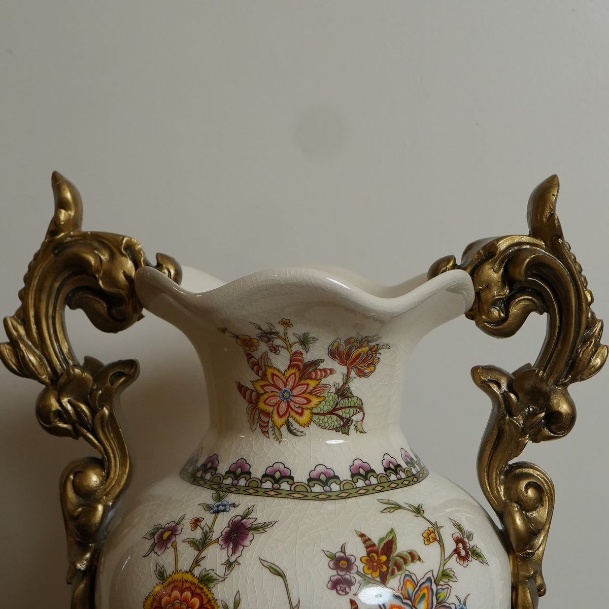 Ivory Jacobean Floral Ceramic Vase with Gold Scroll Handles & Pedestal
