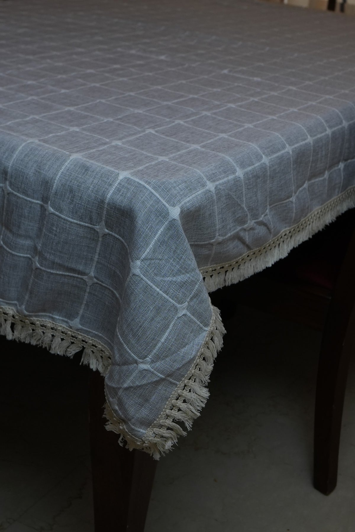 Blue Grey Windowpane Check Table Cloth with Tassel Fringe (6 Seater)
