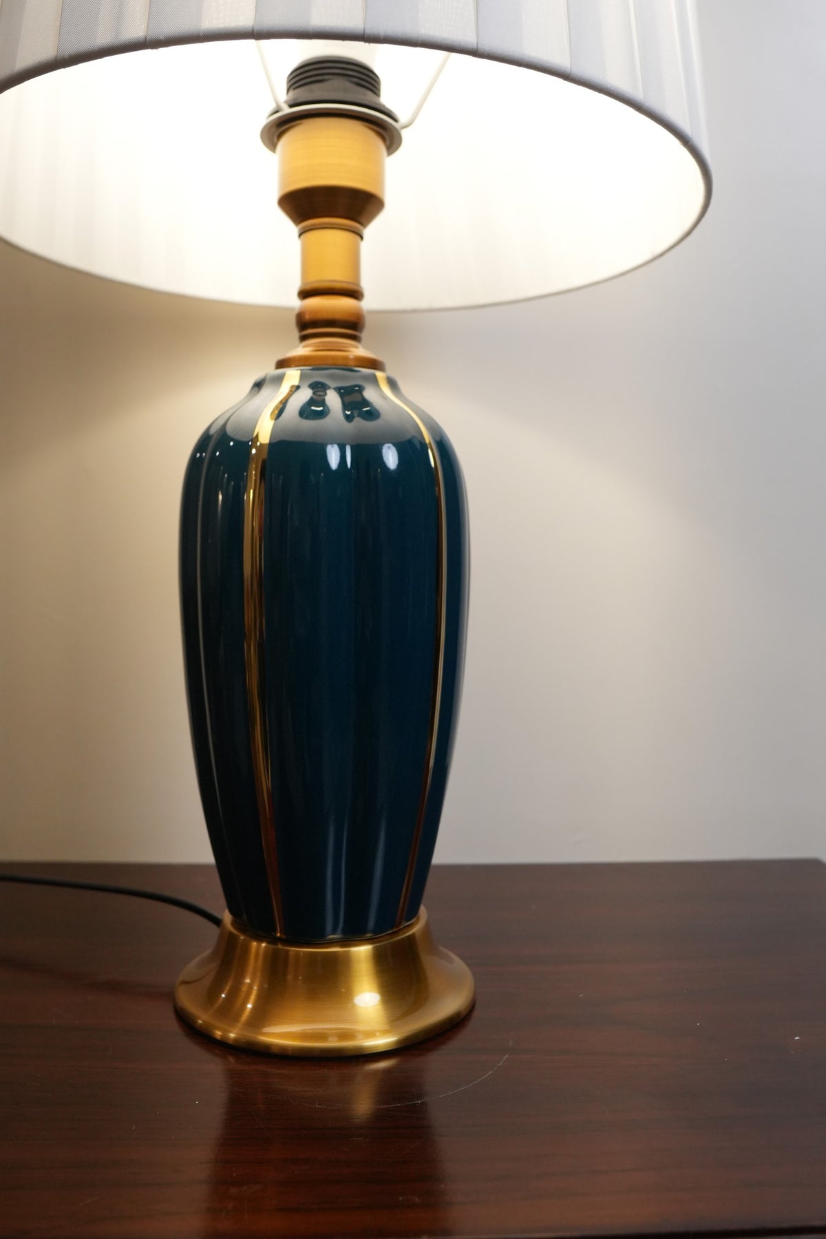 Teal Fluted Ceramic Table Lamp with Gold Stripes