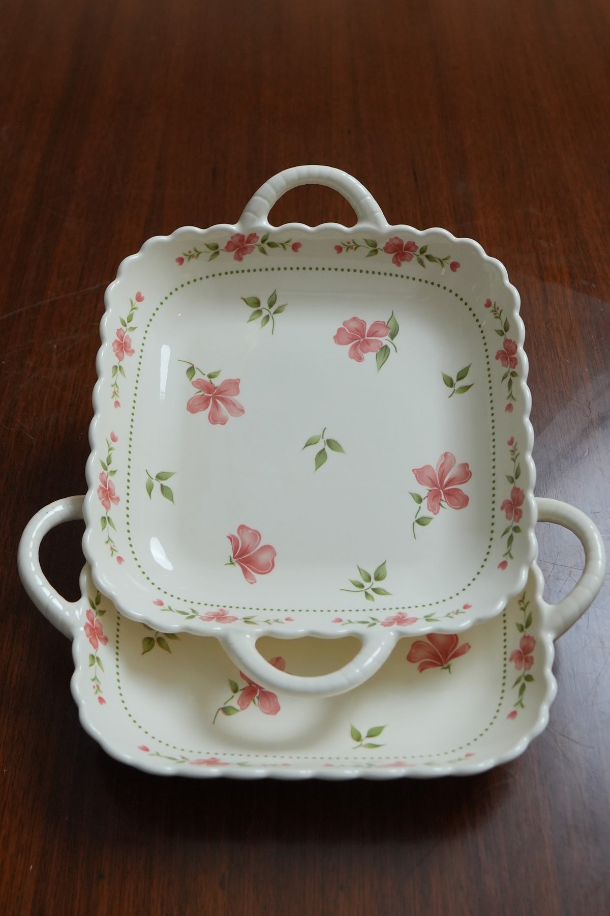 Blush Blossom Ceramic Square Platter with Handles Set of 2