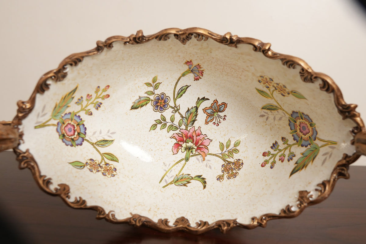 Ivory Floral Ceramic Boat Centerpiece with Gold Handles