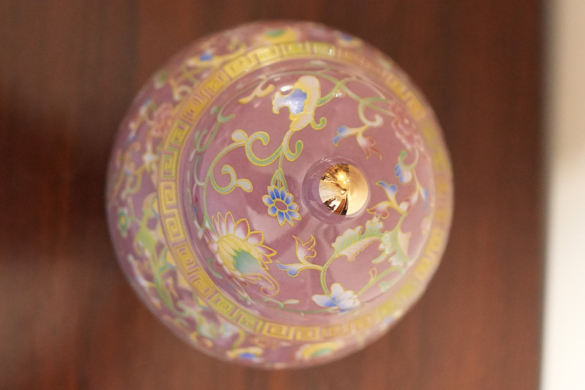 Rose Pink Lotus Ceramic Ginger Jar with Gold Greek Key