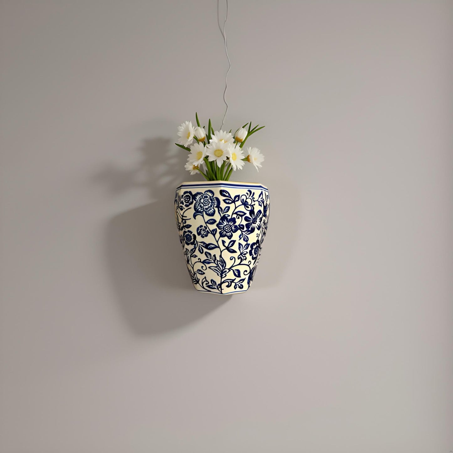 Oriental Blue & White Ceramic Wall Vase – Handcrafted Floral Wall Décor
