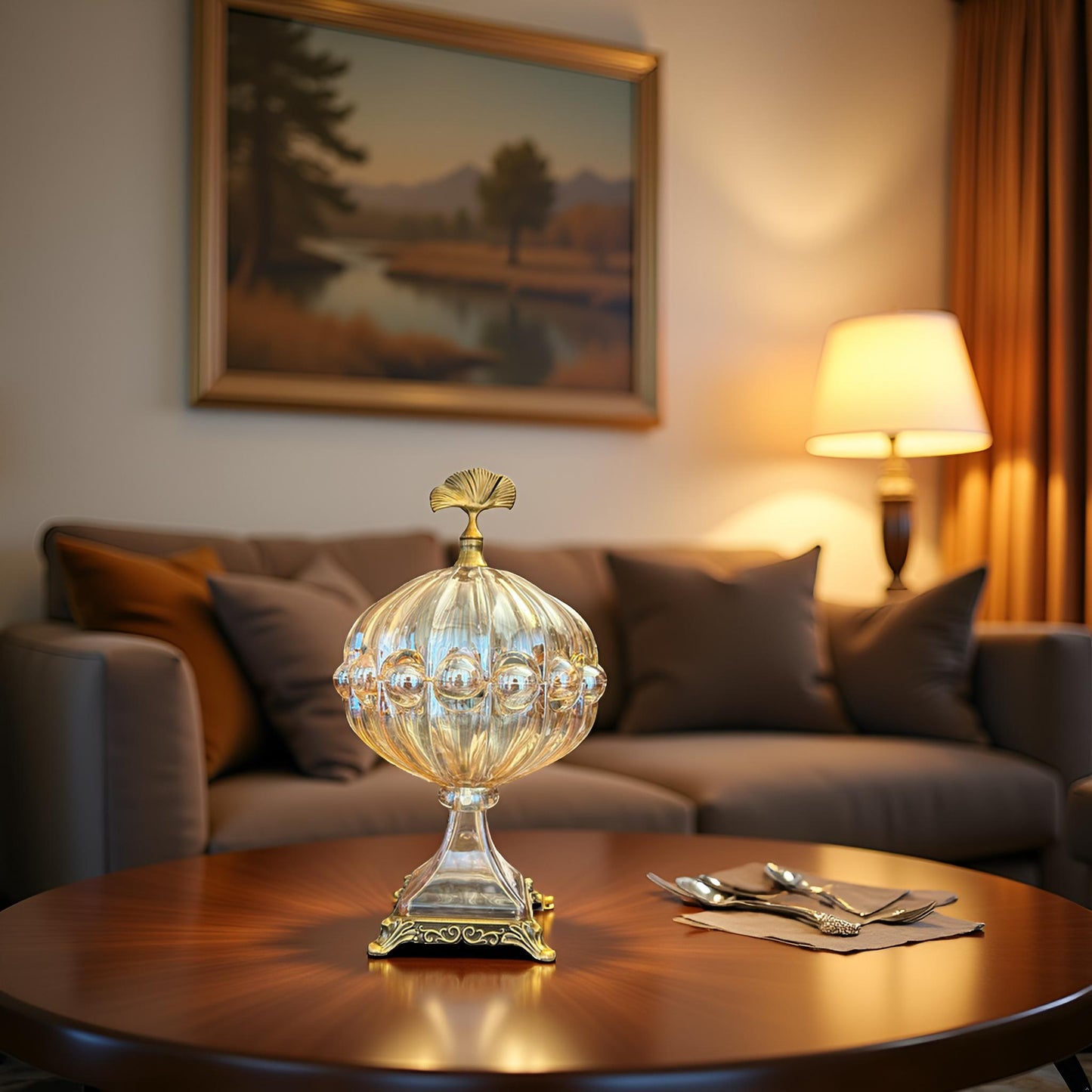 Luxury Crystal Glass Decorative Jar with Golden Base & Lid