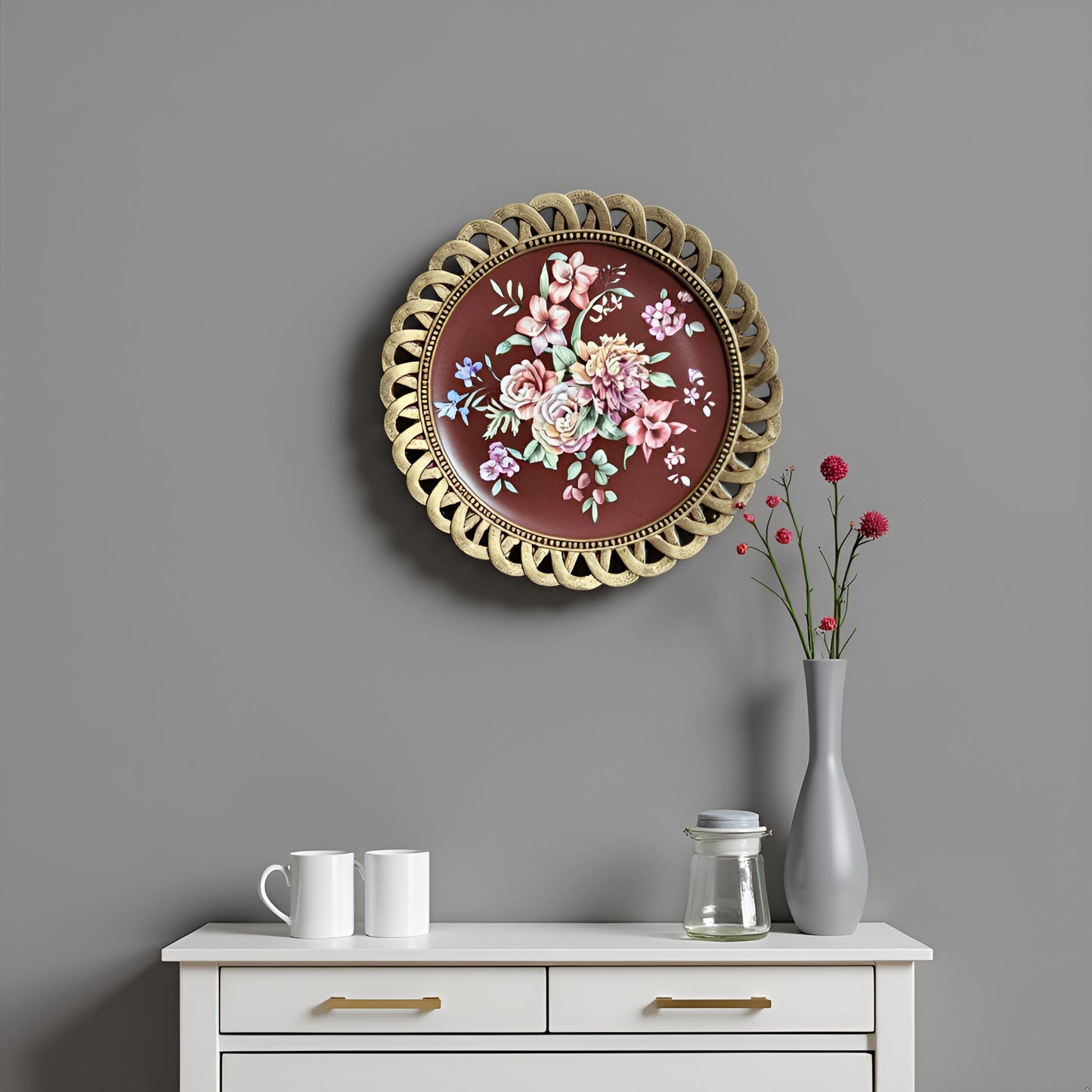 Maroon Floral Decorative Plate with Golden Rim – Elegant Table & Wall Décor