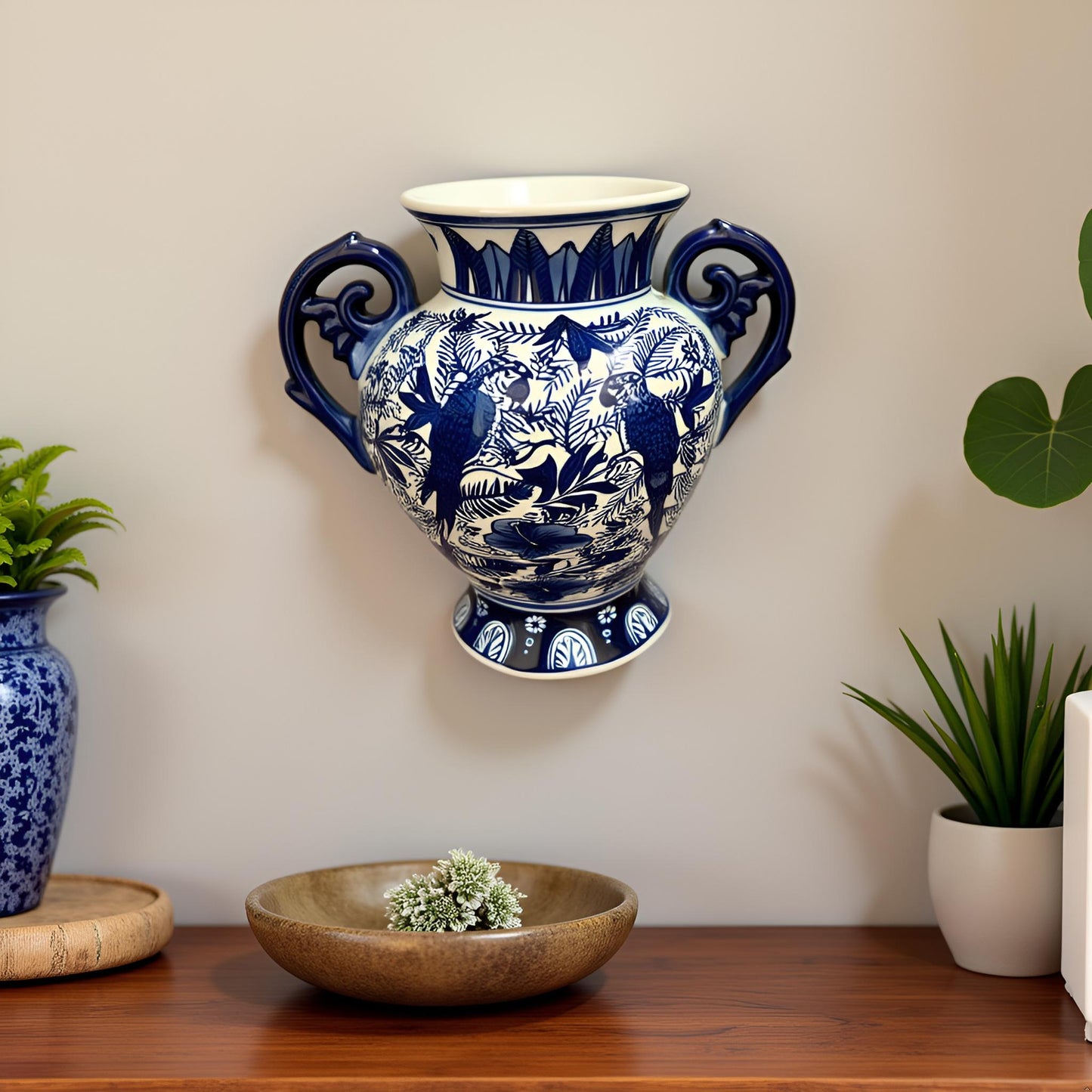 Oriental Blue & White Ceramic Two-Handled Vase with Bird & Floral Design – Handcrafted Decorative Showpiece