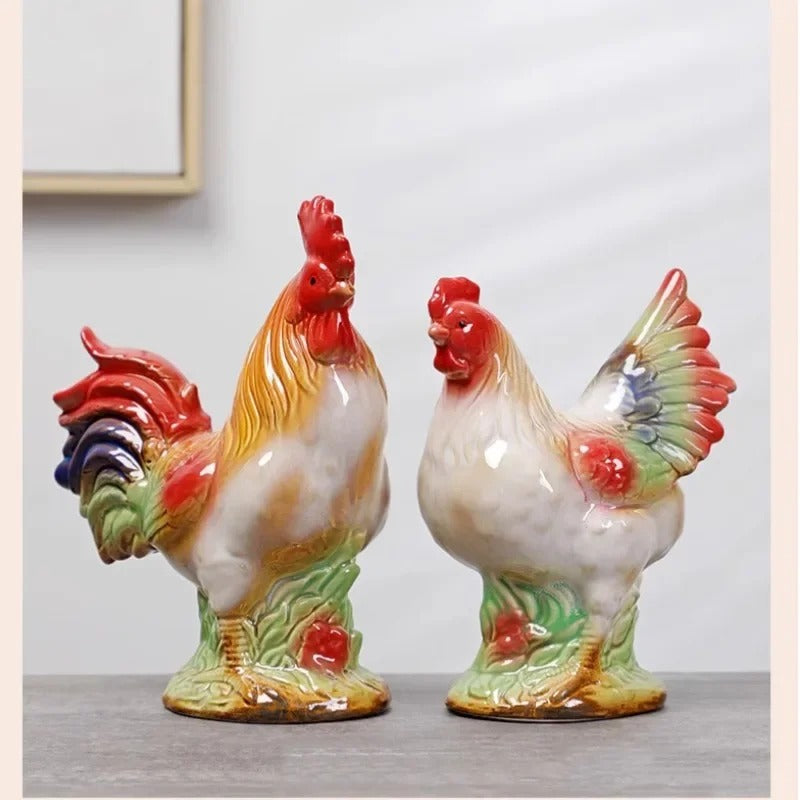 Ceramic Rooster & Hen Figurine - Set of 2 pieces (Big)