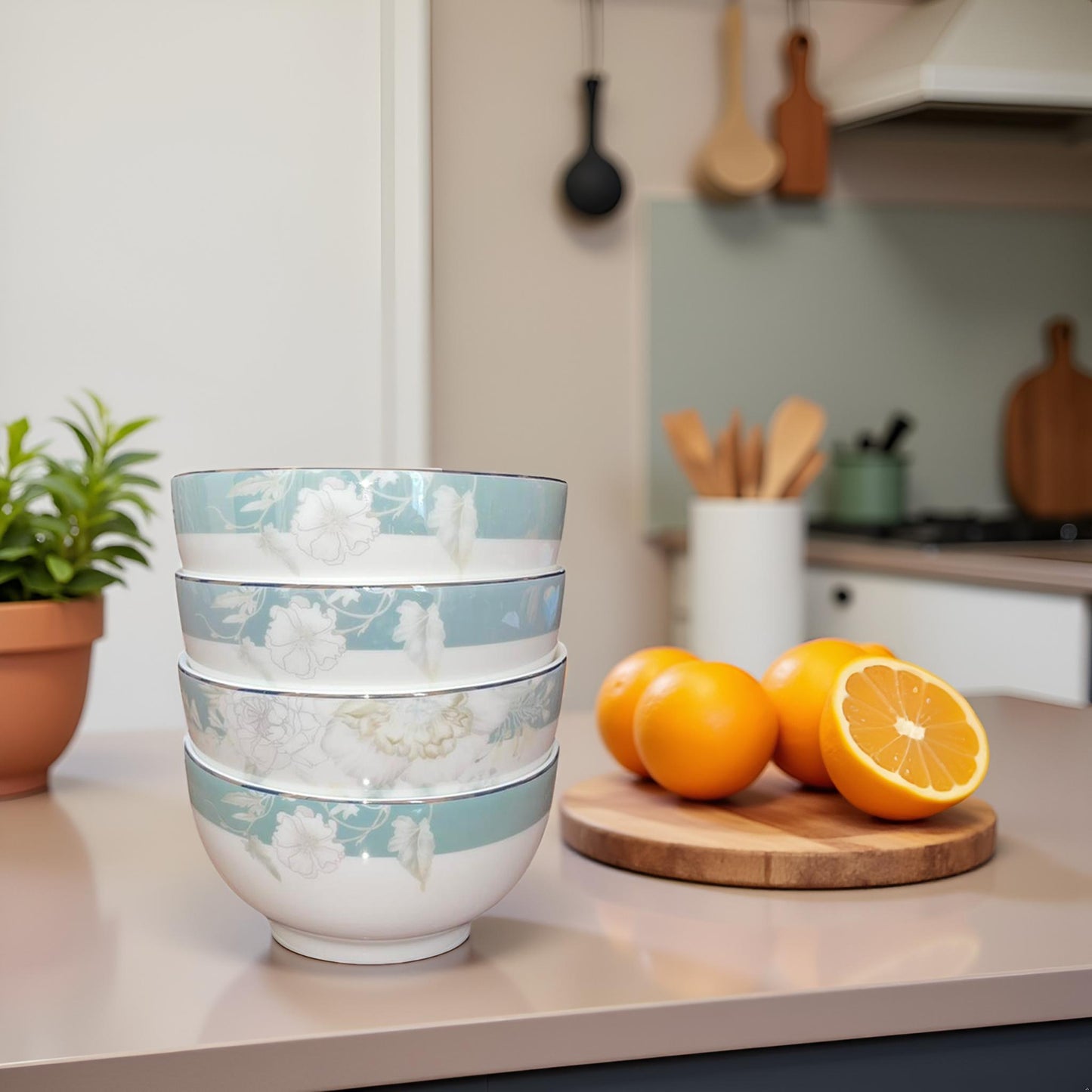 Blue and White Floral Ceramic Bowl Set of 4