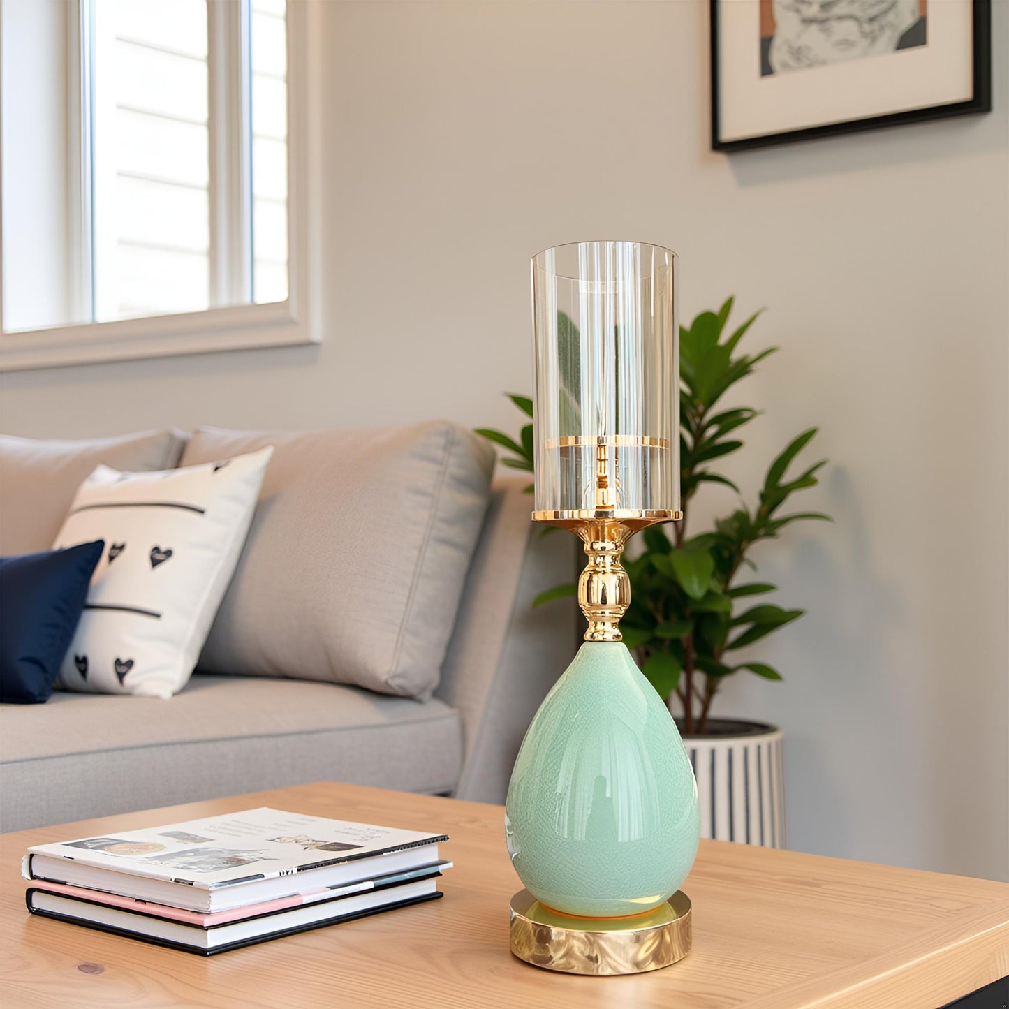 Aqua Glow Ceramic & Glass Candle Stand – Elegant Home Décor Piece