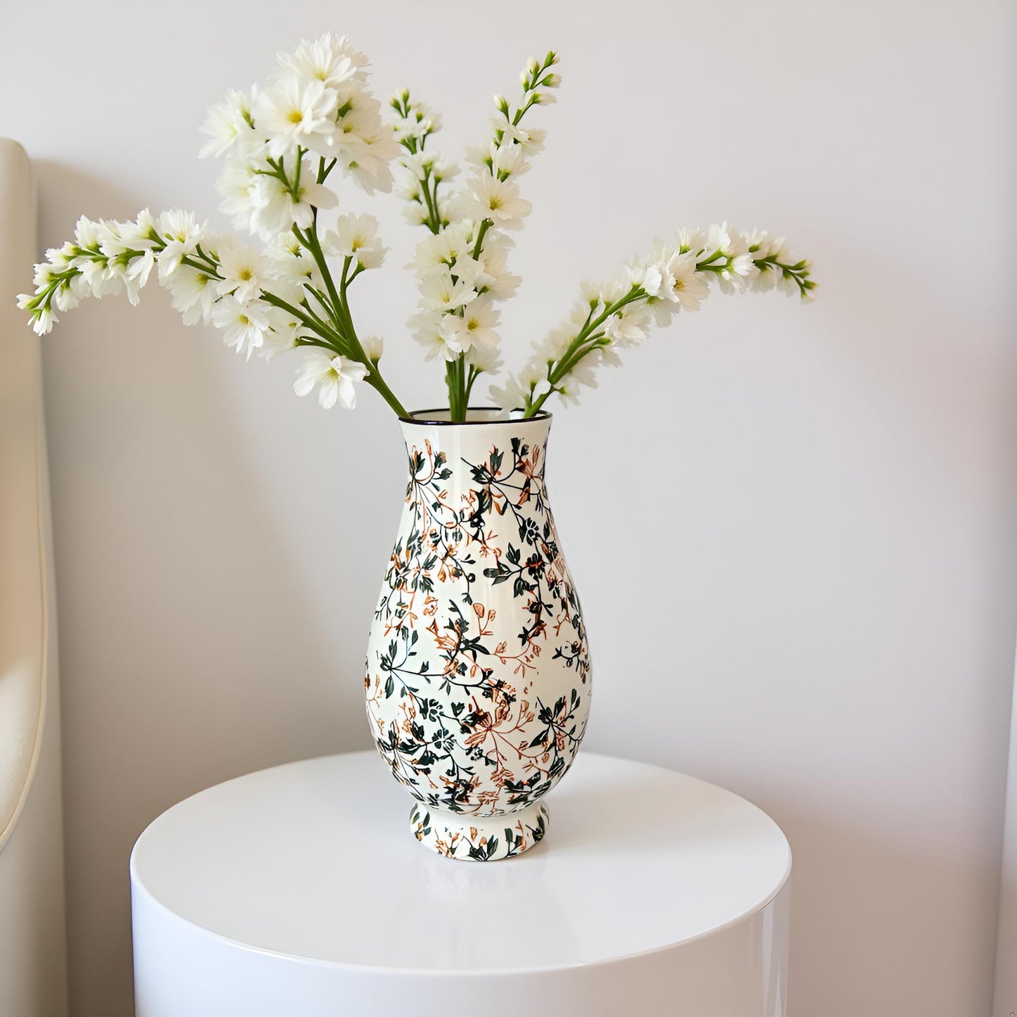 Elegant Floral Ceramic Vase – Wide Belly Decorative Flower Pot