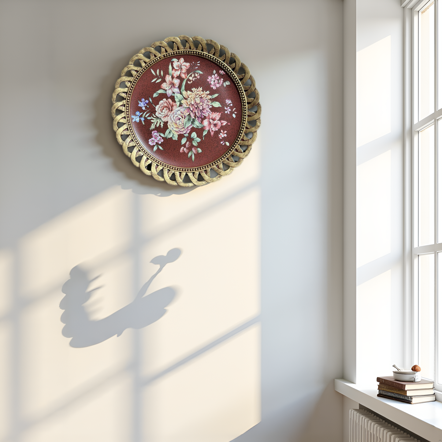 Maroon Floral Decorative Plate with Golden Rim – Elegant Table & Wall Décor