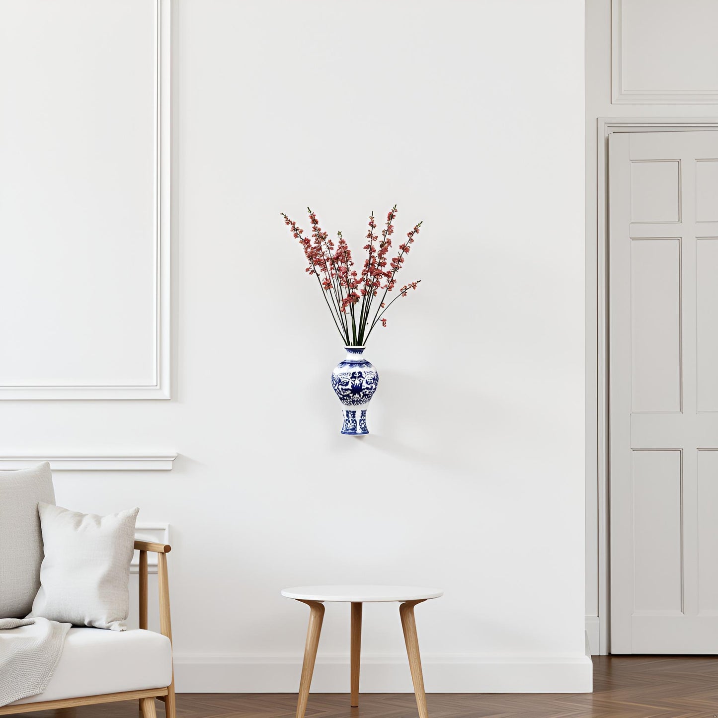 Blue and White Ceramic Small Wall Vase with Floral Oriental Design