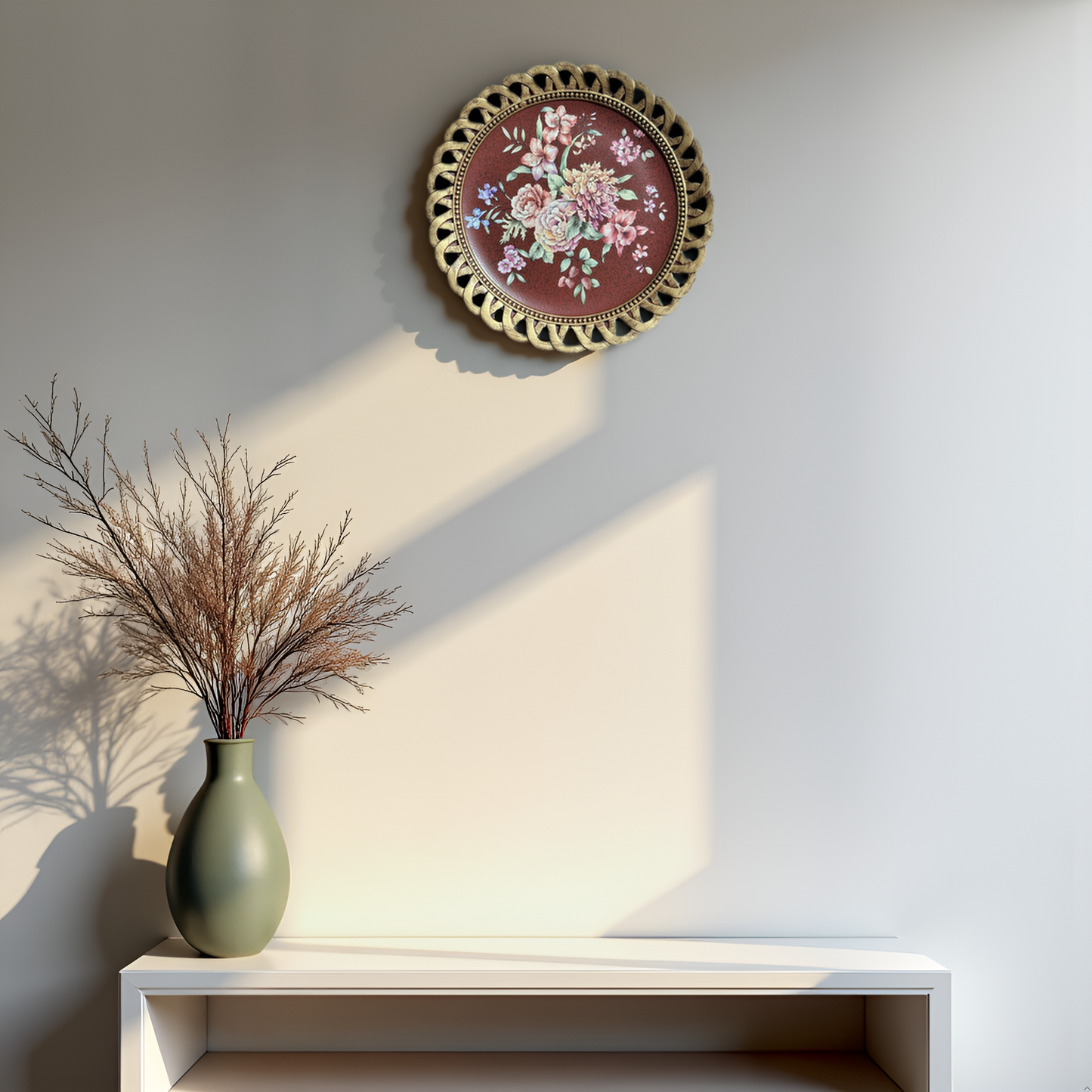 Maroon Floral Decorative Plate with Golden Rim – Elegant Table & Wall Décor