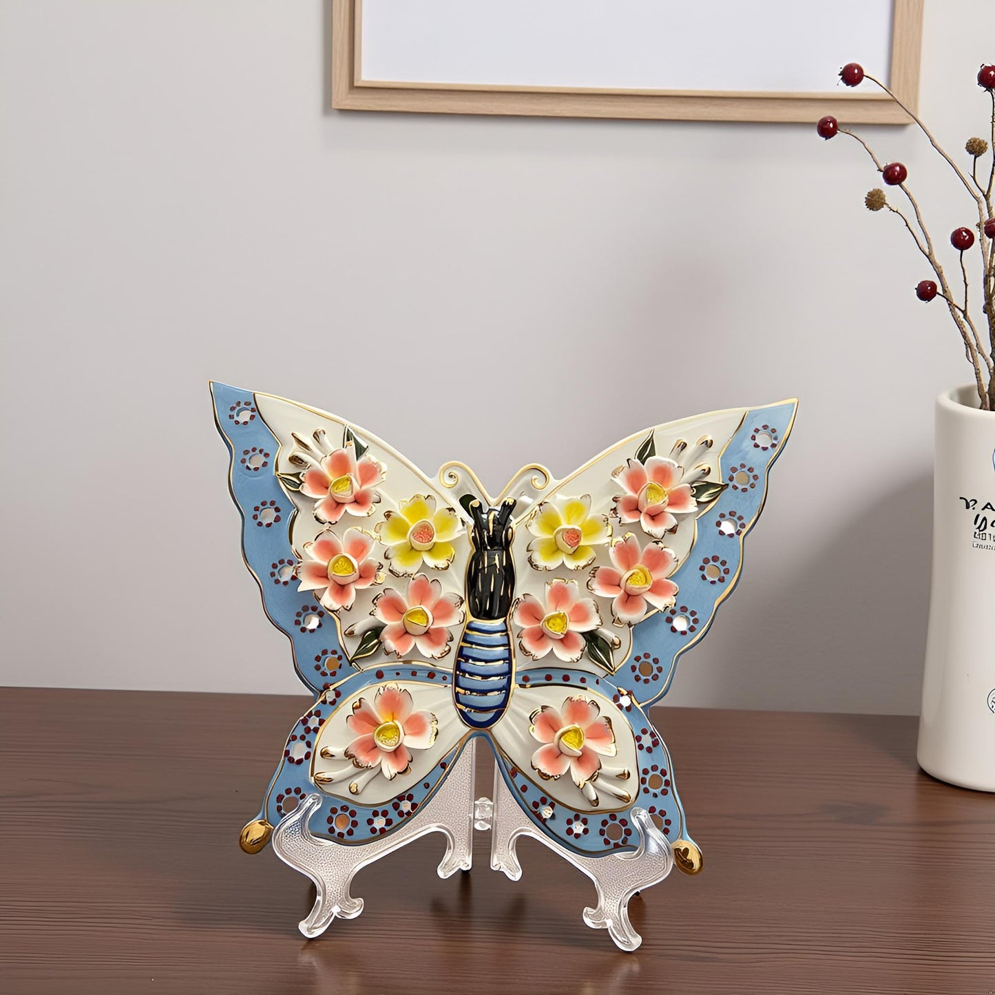 Ceramic Butterfly Showpiece with Floral Design – Elegant Home Décor Accent