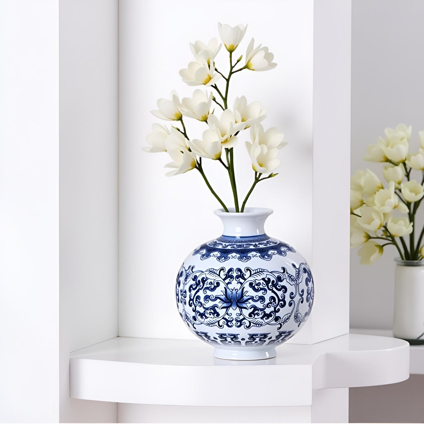 Round Blue and White Small Ceramic Vase with Classic Floral Oriental Design
