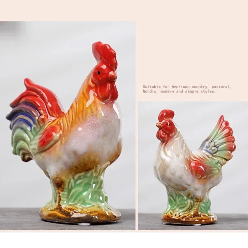 Ceramic Rooster & Hen Figurine - Set of 2 pieces (Big)