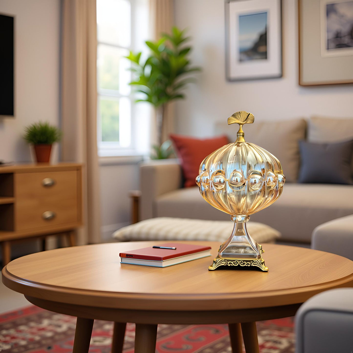 Luxury Crystal Glass Decorative Jar with Golden Base & Lid