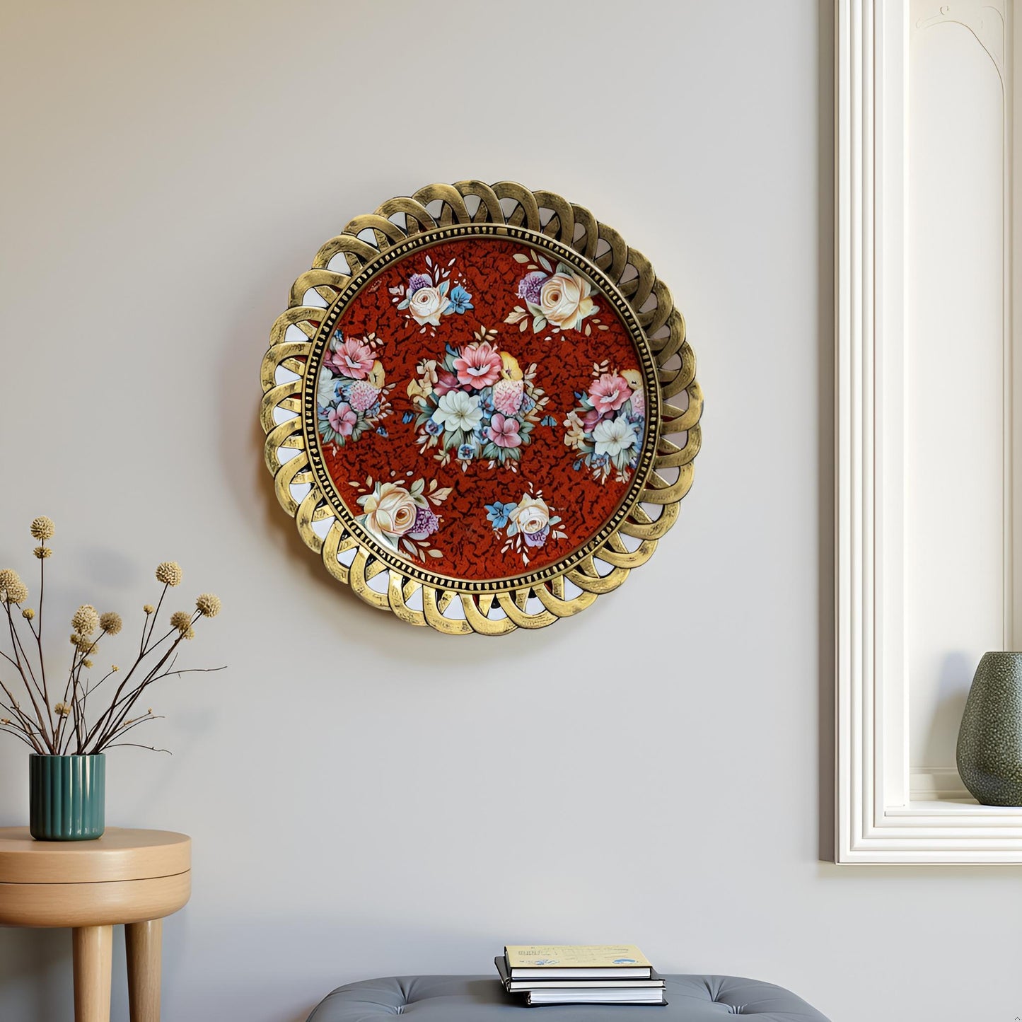 Red Floral Decorative Plate with Golden Rim – Luxury Table & Wall Décor