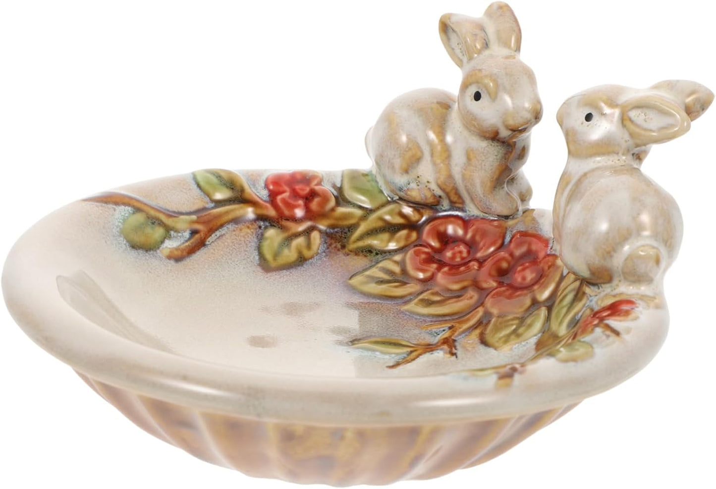 Ceramic Fawn Garden Dish – Handcrafted Decorative Bowl with Rabbit & Floral Design
