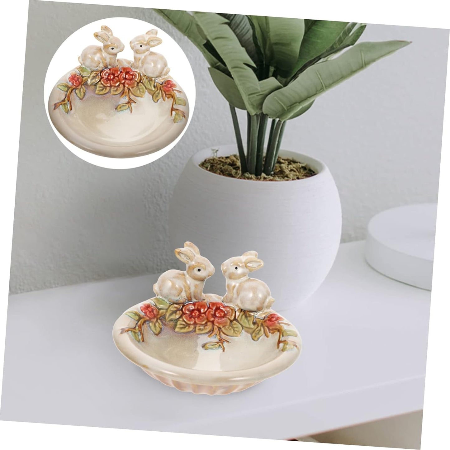 Ceramic Fawn Garden Dish – Handcrafted Decorative Bowl with Rabbit & Floral Design