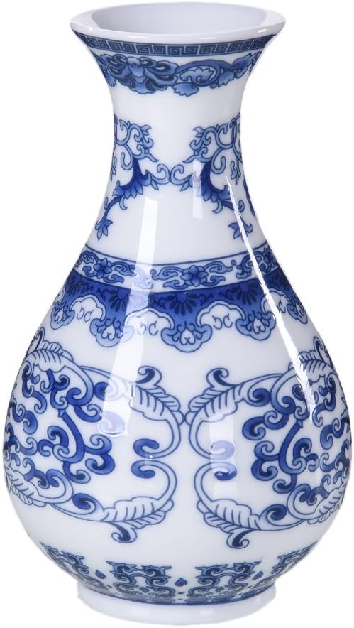 Blue and White Ceramic Vase with Classic Floral Oriental Pattern