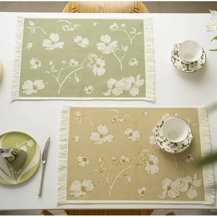 Rectangle Shape Decorative Table Placement with Floral Print and Lace Trim, White Green, Cotton Blend