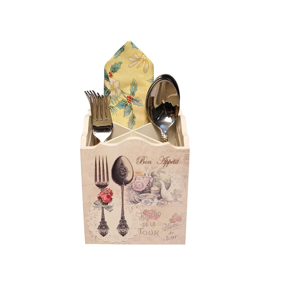 Cutlery Holder White Wooden Floral || 4 Partitions