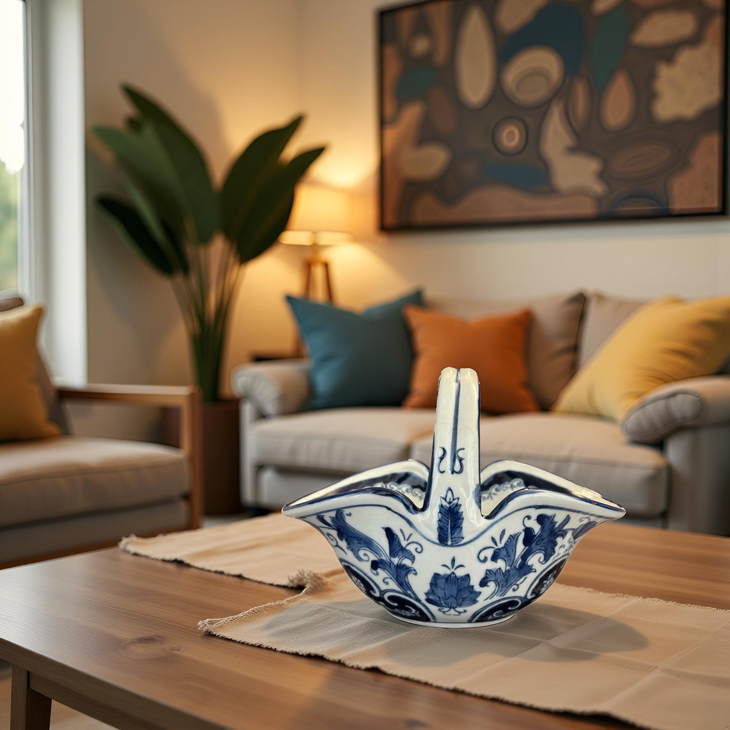 Elegant Blue & White Ceramic Basket Bowl with Handle – Decorative Home Accent