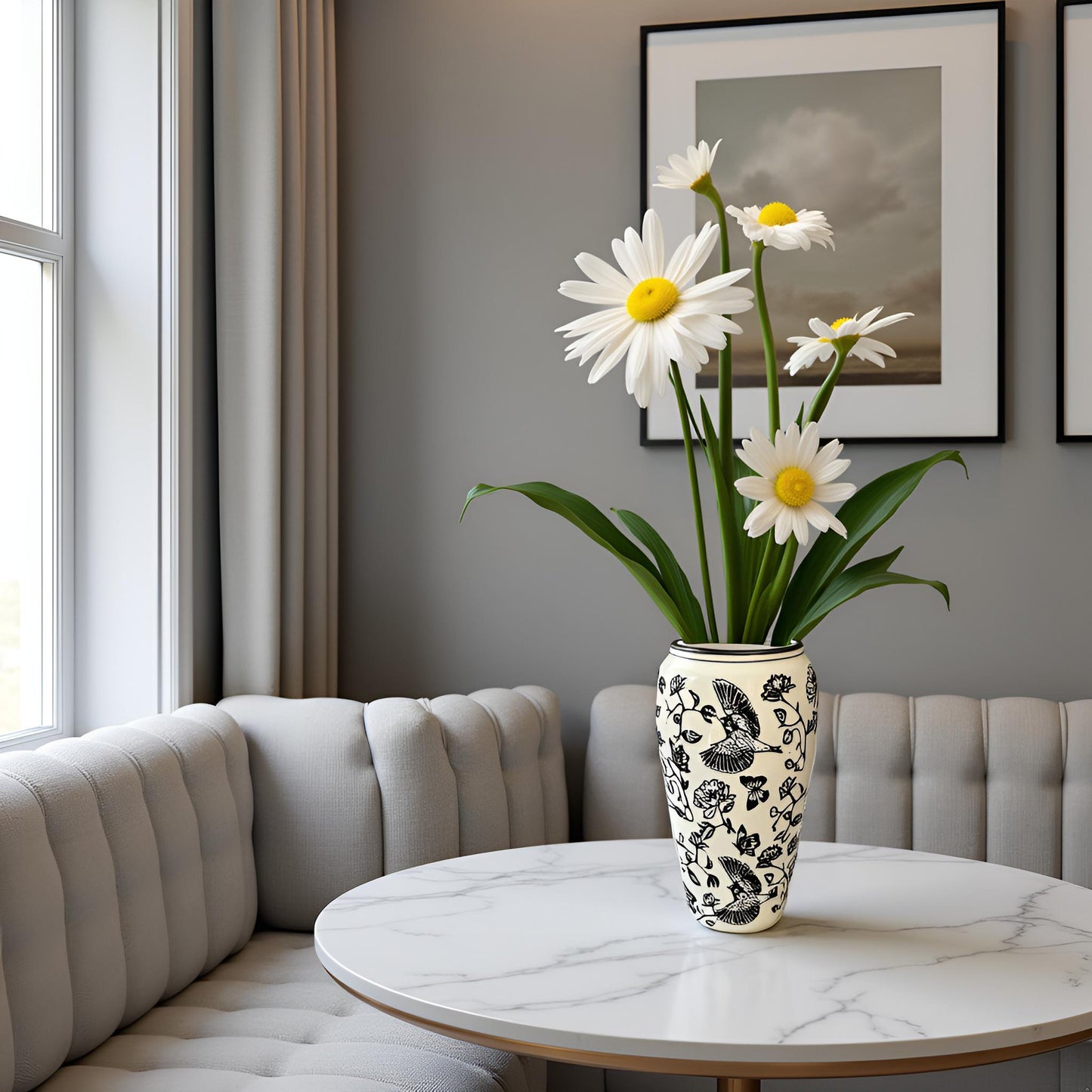 Elegant Black & White Ceramic Vase with Bird and Floral Design (Large)