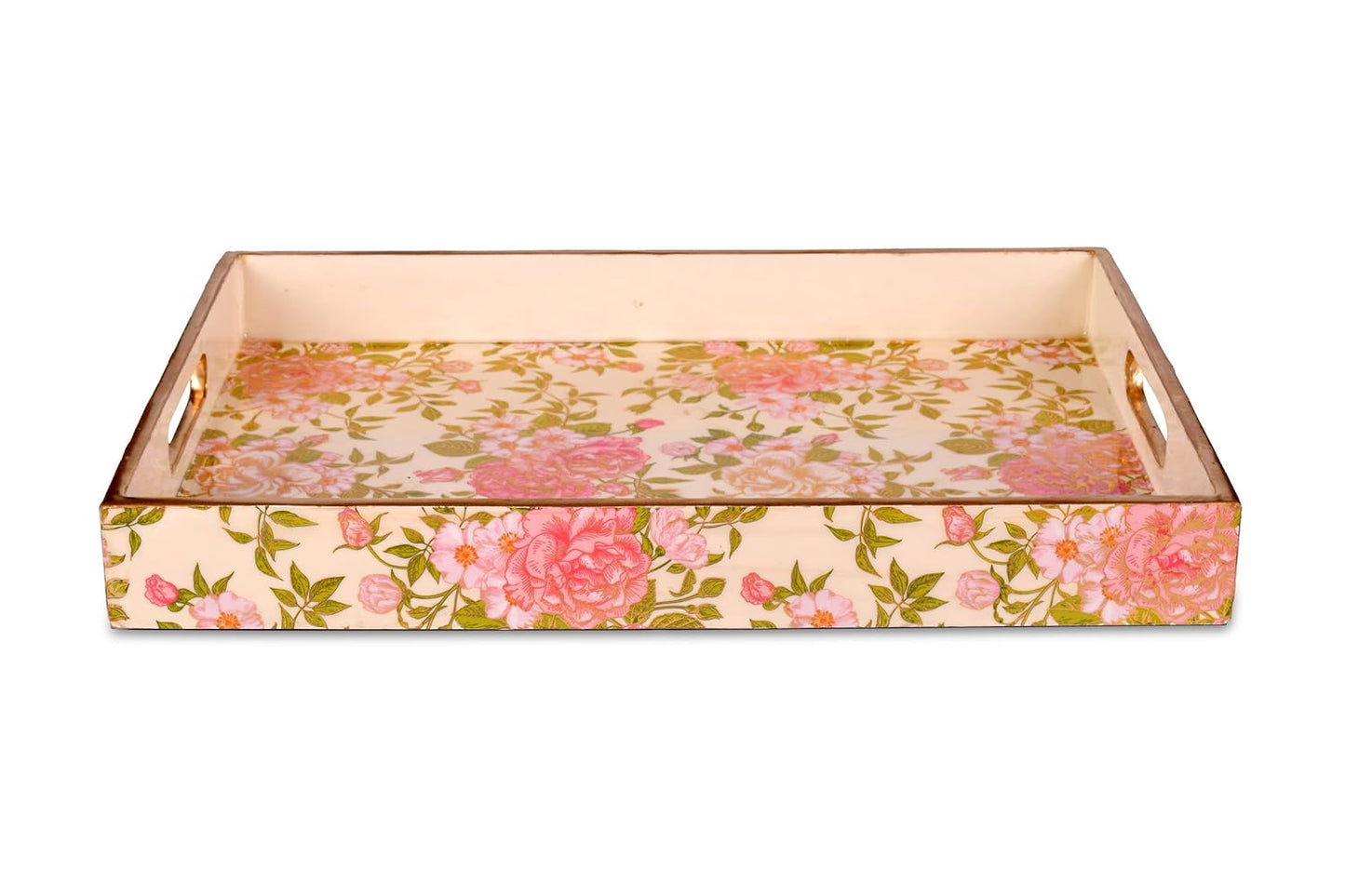Wooden Glossy Floral Serving Tray Pink Blossom || Gold Plated Designs Large