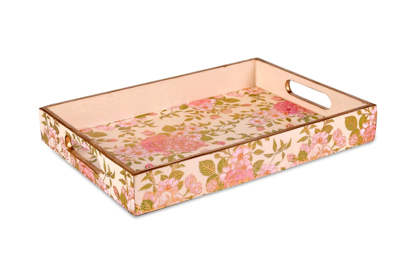 Wooden Glossy Floral Serving Tray Pink Blossom || Gold Plated Designs Medium